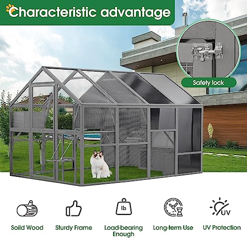 Lovinouse 71 Inch Large Outdoor Cat House, Waterproof Wooden Cats Catio Cat Cage Enclosure with Large Door, Platform and Small House