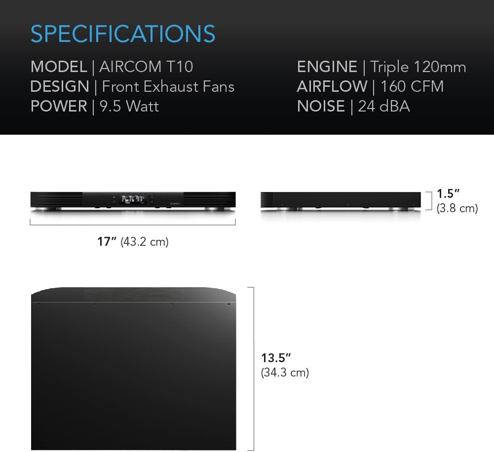 AC Infinity AIRCOM T10, Quiet Cooling Blower Fan System 17 Front-Exhaust, for Receivers, Amps, DVR, AV Cabinet Components