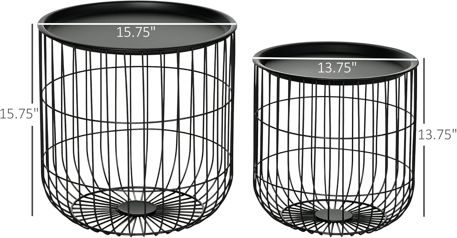 Nesting Coffee Tables, Round Coffee Table Set of 2 with Steel Wired Basket Body and Removable Top, Stacking End Tables Blanket Storage for Living Room, Black