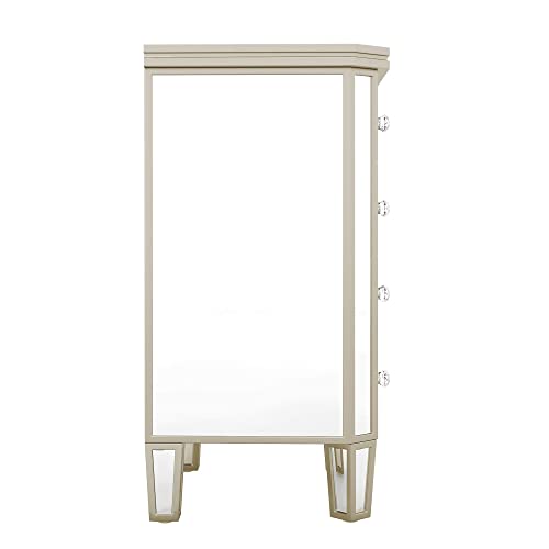 4-Drawer Chest Mirrored Bedroom Chests with Golden Lines, Crystal-Shape Knob, Glass Luster Tall Storage Cabinet for Bedroom Living Room, Entryway, Porch (Silver)