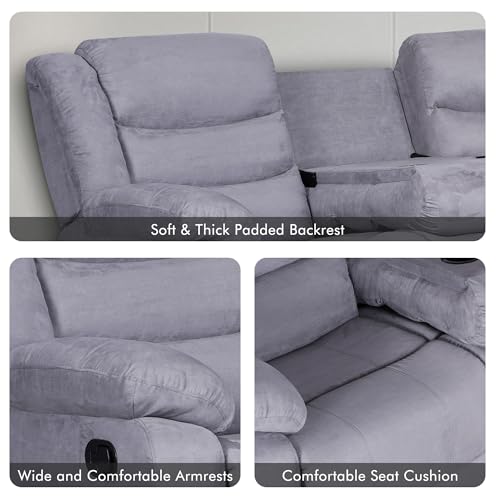 Recliner Sectional Sofa, Microfiber Manual Reclining Sectional Couch with Cup Holders, Living Room/Office (Grey)