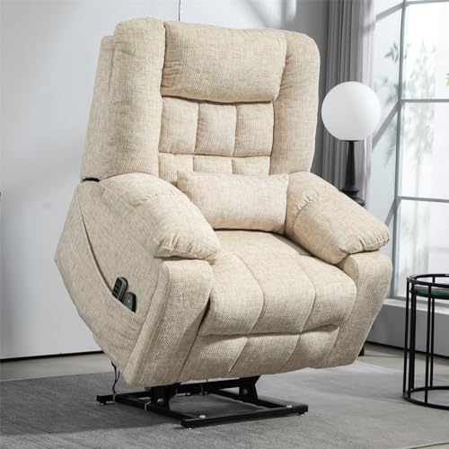 Light Grey Recliner Chair for Elderly | Tall and Big Man 400lbs | Chenille | Power Lift, Lay Flat, Stand Up, Wireless Charging Device, Extended Footrest, Massage Heat, Cup Holder, Lumbar Pillow