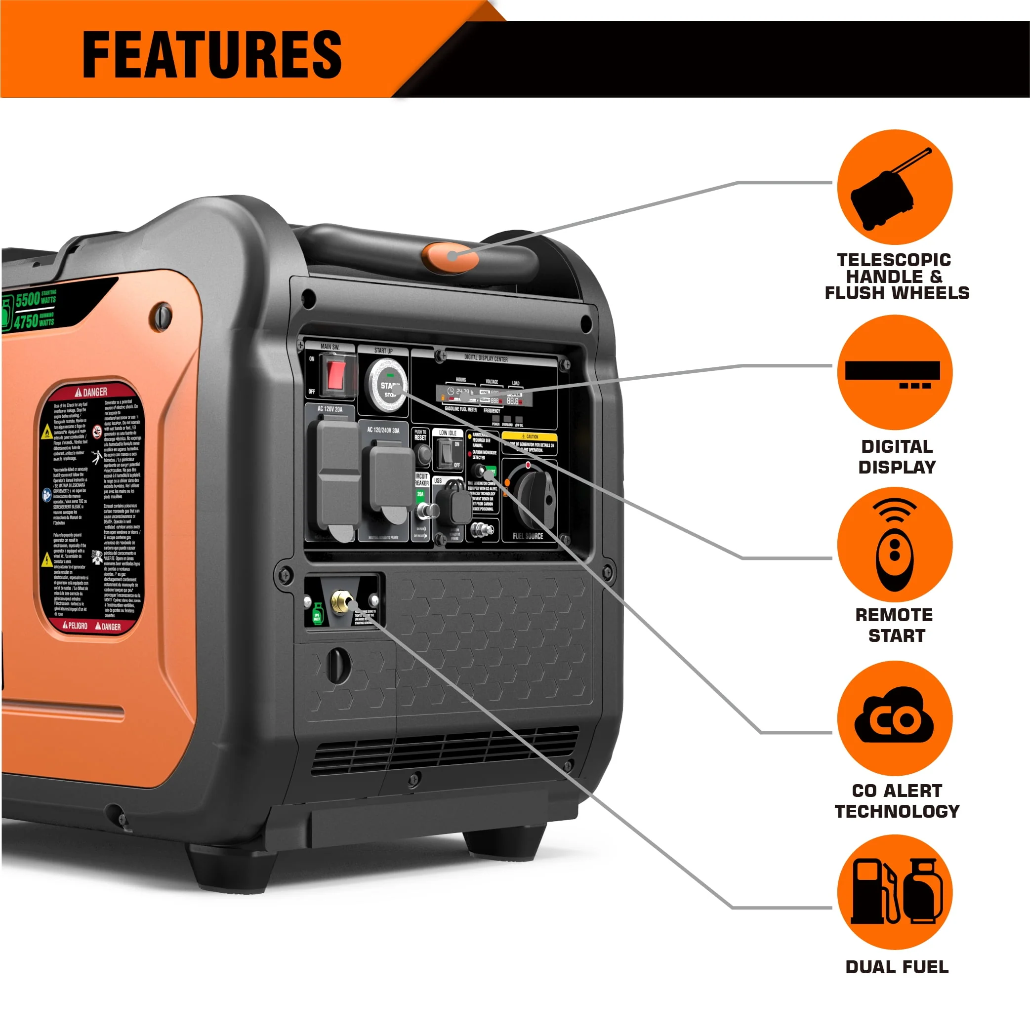 Genmax 6000W Dual Fuel Quiet Portable Inverter Generator with Remote/Electric Start, EPA Compliant (GM6000iED)