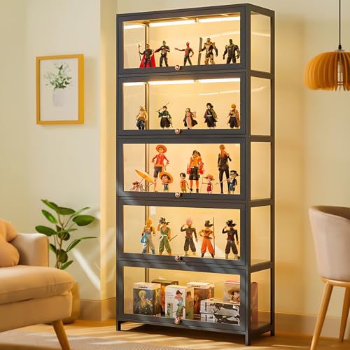 Curio Display Cabinet, 5-Tier Storage Shelves with Acrylic Glass Door, Collectibles Toy Organizers Rack & Display Shelf, Kids Bookshelf and Bookcase for Playroom, Toddler's Room, Bedroom Brown