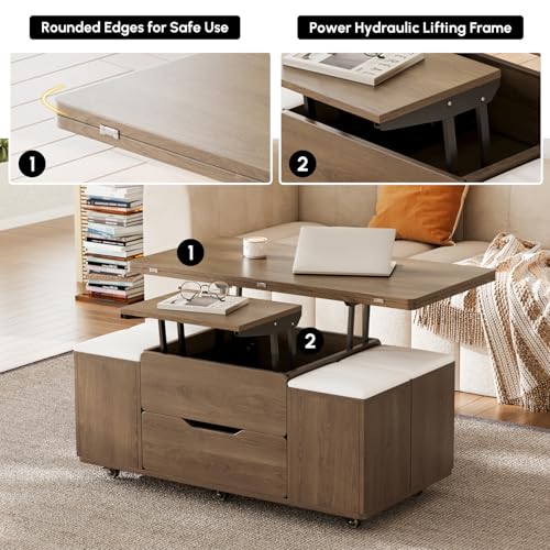 homary Black Lift-Top Coffee Table with Hidden Storage, 3-in-1 Modern Folding Center Table with 4 Stools, Casters, and Lockable Wheels – Convertible Dining & Office Table for Living Room
