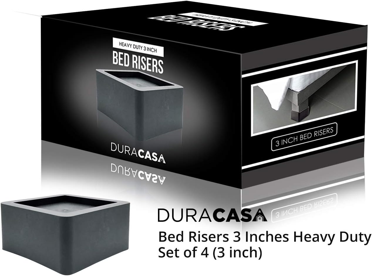 DuraCasa 3 Inch Bed Risers - Fits Huge 5.5 Inch Bed or Furniture Post, Creates an Additional 3 Inches of Height or Storage! Heavy-Duty Table, Chair, Desk or Sofa Riser (4, 3 Inch Black)