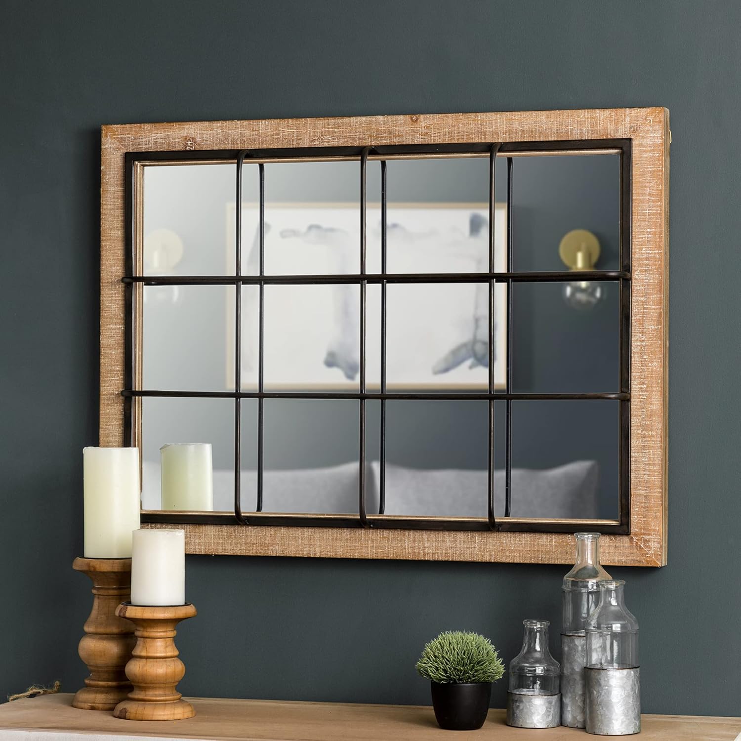 Glitzhome Windowpane Wall Mirror - 24'' x 32'' Farmhouse Decorative Wall Mirror, Hanging Rectangle Wood&Metal Frame Wall Decor Accent Mirror for Bathroom Vanity, Bedroom, Entryway, Fireplace Christmas