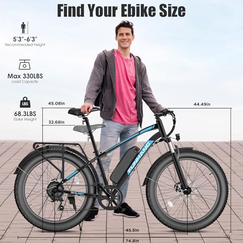 Electric Bike for Adults, Peak 1000W Ebike, 25MPH 60Miles Electric Mountain Bike, 26" Fat Tire Adult Electric Bicycle with 48V 13AH Battery, Rear Rack, 7 Speed, Front Suspension, Turn Signal