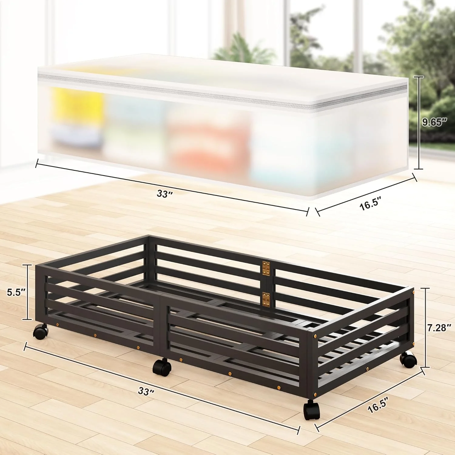 Under Bed Storage Containers With Wheels - 2 Pcs Bamboo Wood Rolling Underbed Shoe Storage Bins With Dust Bags for Clothes Blankets, Duvet Covers Snacks Toys (Walnut)