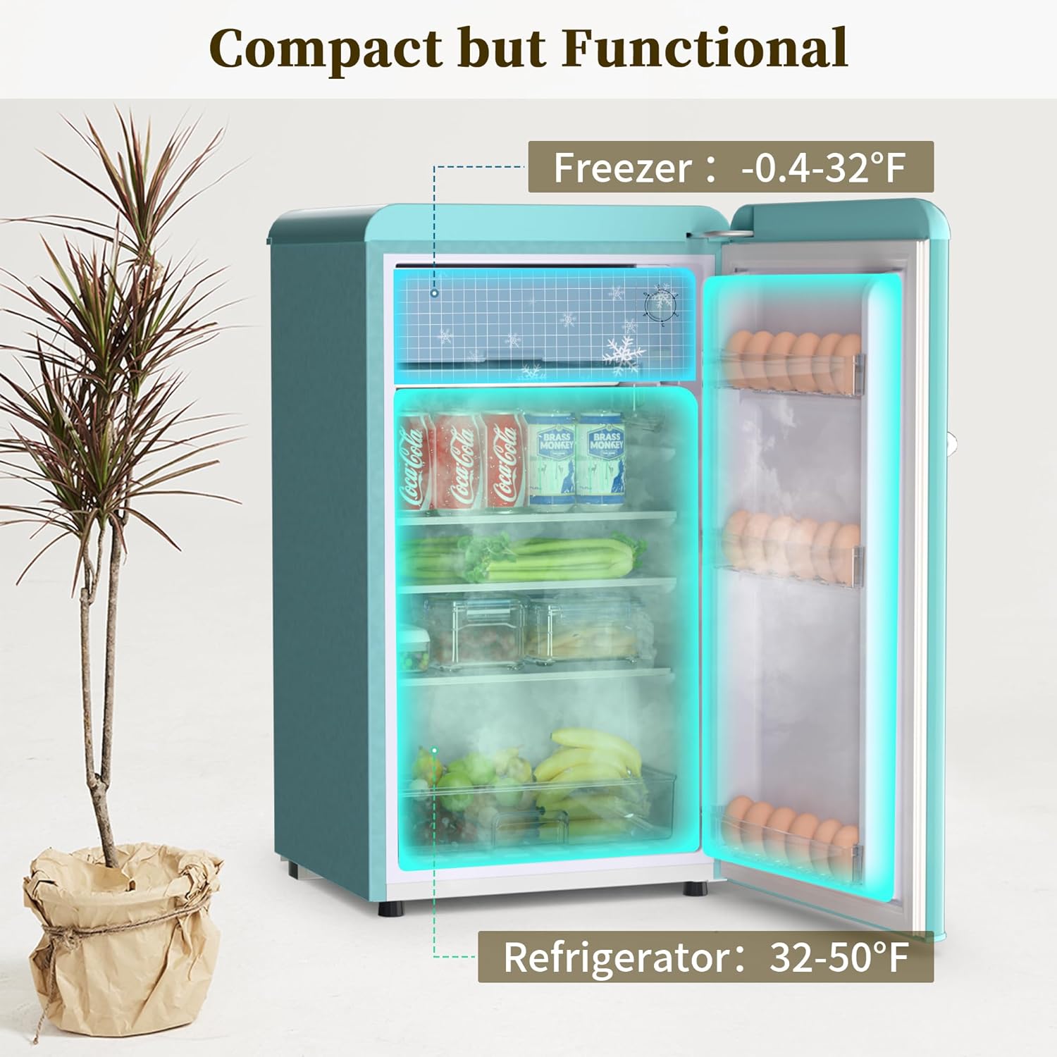 Retro Mini Fridge with Freezer, Compact Refrigerator for Bedroom with Freezer, Retro Small Fridge Freezer with Adjustable Thermostat&Shelf 3.6 Cu.Ft. Single Door Retro Fridge for Dorm Office(Blue)