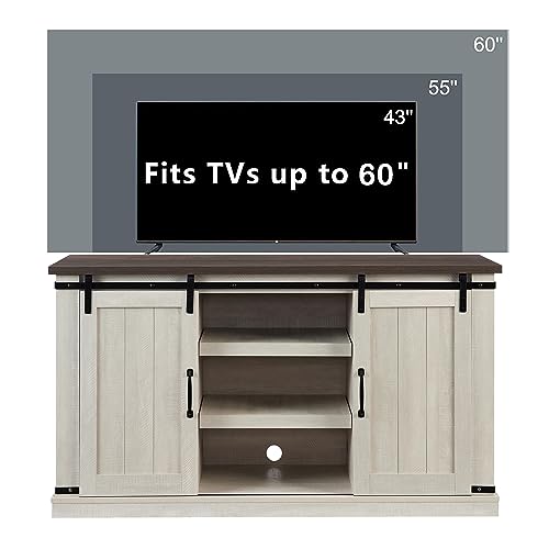 Farmhouse TV Stand with Sliding Barn Doors, Wood Entertainment Center with Media Console Storage Cabinet & Open Storage Space, for TV Up to 60", Television Stand for Living Room, Light Gray