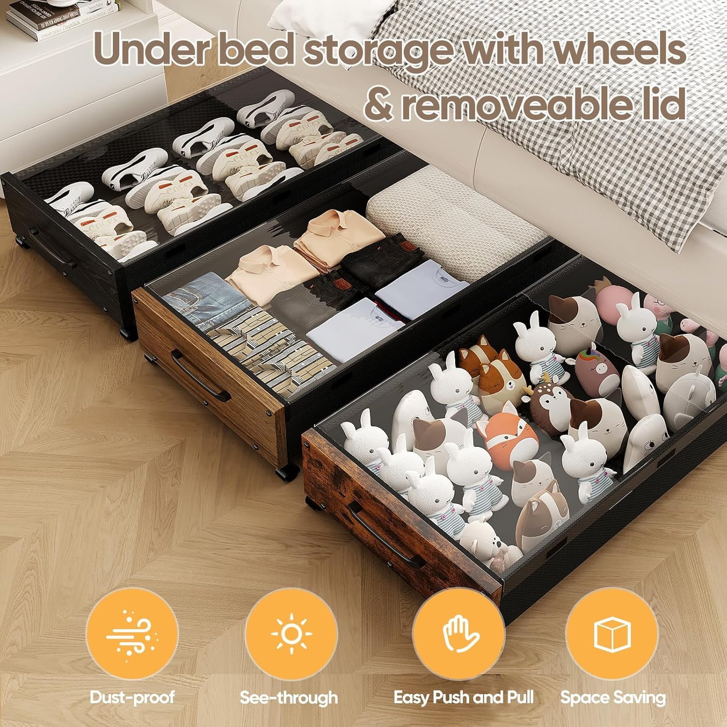 Under Bed Storage with Wheels,2 Pack Under Bed Shoe Storage, Under the Bed Storage Drawers with Remove Window, Extra Large Rolling Under Bed Storage Metal Drawer for Clothes (Black-2 pack)