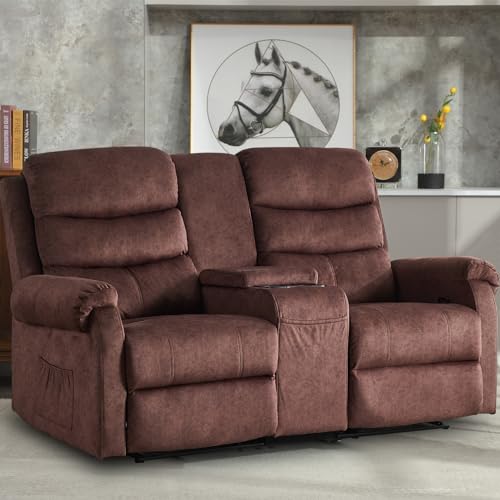 65.7" Manual Loveseat Recliner, Linen Fabric Home Theater Seating Recliner Chair with Storage Console, 2 Seater Reclining RV Sofa Chair for Living Room with Cup Holders (Grey-Linen)
