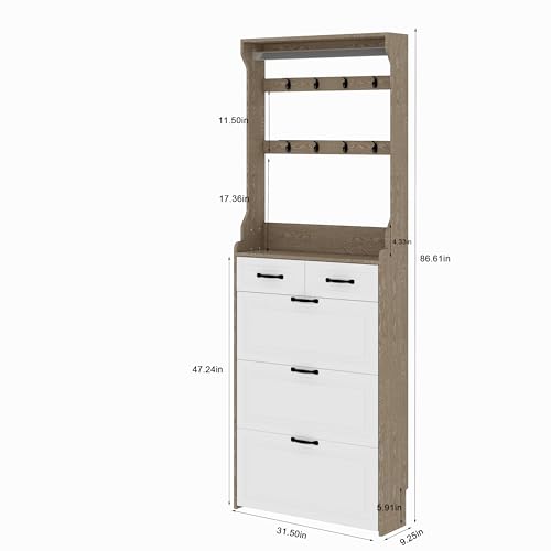 Betoko Hall Tree with Shoes Storage,Farmhouse Entryway Coat Rack Wooden Hallway Mudroom Tree Bench Corner Tree Cabinet with 5 Coat Hooks & 2 Shoes Cabinets and Open Shelf(Rustic White)