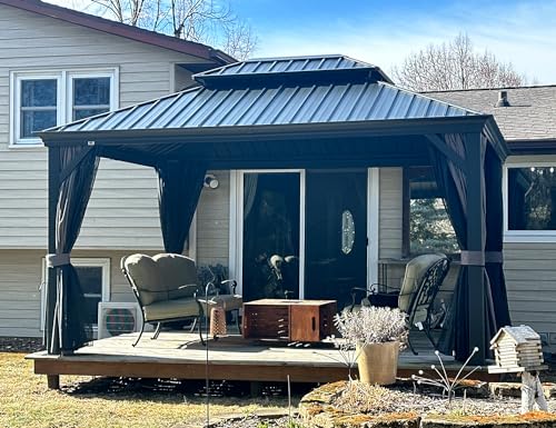 PURPLE LEAF 10' X 14' Permanent Hardtop Gazebo Aluminum Gazebo with Galvanized Steel Double Roof for Patio Lawn and Garden, Curtains and Netting Included, Grey