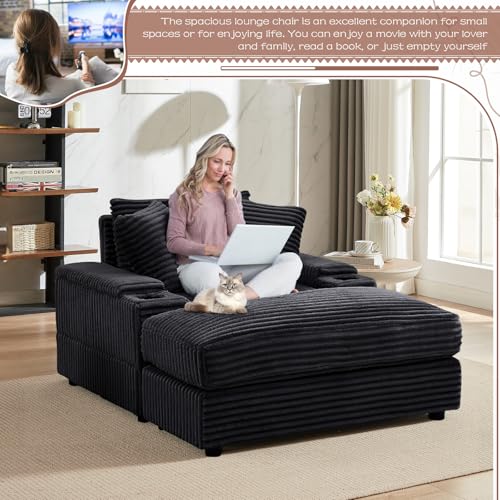 Modern Chaise Longue Indoor, 86.6" Oversized 3 Seater Lounge Sofa Chaise with Movable Ottoman/Storage Armrests/Cup Holders, Corduroy Deep Seat Sectional Cloud Sofa Couches for Living Room, Green