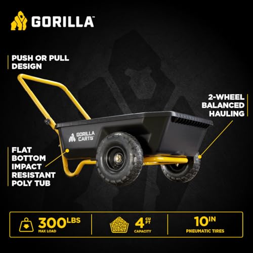 Gorilla Carts Heavy-Duty Dump Cart, Patented Quick-Release Dumping, Steel Frame, 600 lb Capacity, No-Flat 10-Inch Tires, Utility Wagon for Garden, Yard, Beach