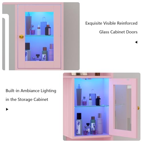 White Makeup Vanity Desk with Mirror and Lights, Large Vanity Table Set with Charging Station, Dressing Table with RGB Cabinets, Makeup Vanity Mirror with Lights Desk and Drawers, 3 LED Lights Modes