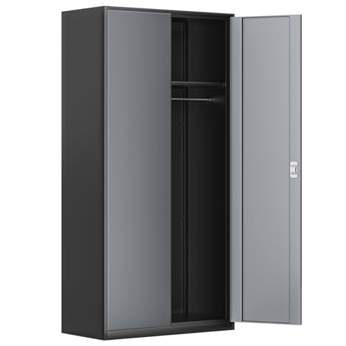 Magshion Metal Storage Cabinet, 72" Locking Storage Wardrobe Cabinet with Hanging Rod, Steel Storage Locker Closet with 4 Shelves for Home Office, Garage, Grey