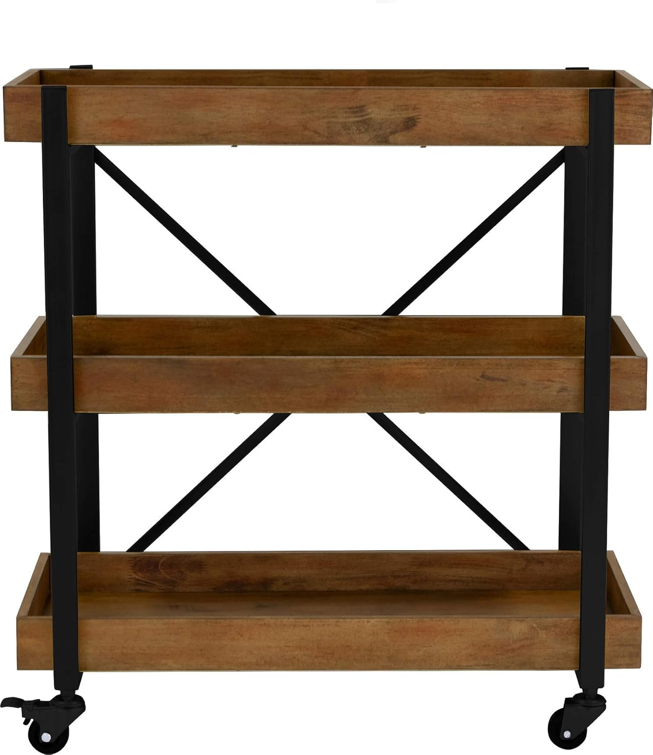 Riley Modern Rustic Rolling Bar Cart with Wheels, 32 Inch Height, Kitchen Organizer Utility, Wood, Matte Black Metal Finish