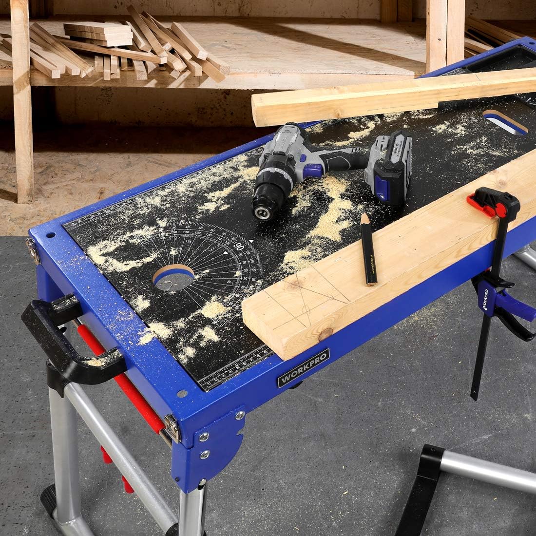 WORKPRO Miter Saw Stand, 5-in-1 Portable Workbench, Quick Folding Work Table with Detachable Miter Saw Stand & Height Adjustable Legs, Scaffold/Dolly/Creeper/Platform for Woodworking, Repair, Masonry