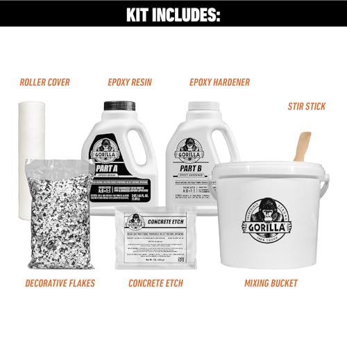 Gorilla Epoxy Garage Floor Coating (7 pc) Kit, 1-Car, Concrete Flooring, 100% Solids, Superior Adhesion, Incredibly Durable High Gloss Gray Finish, 275 sq. ft. Coverage