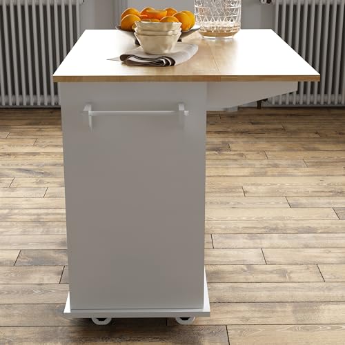 Rolling Kitchen Island with Drop Leaf, Mobile Kitchen Carts on Wheel with Storage Cabinet, Drop Leaf Island Table for Kitchen with Towel Rack and Drawer, White