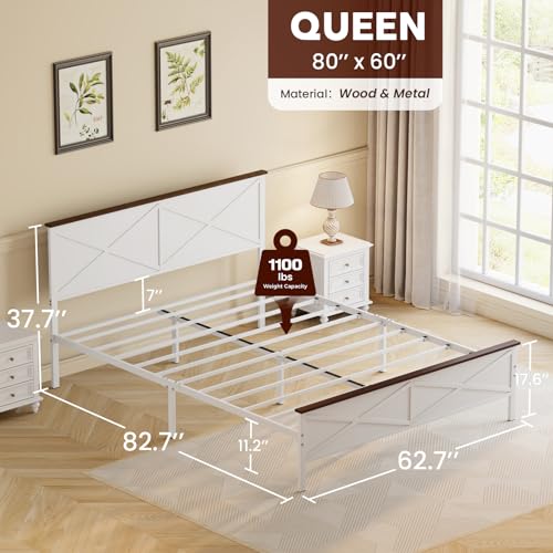 VOPEAK Farmhouse Queen Bed Frame with Headboard and Footboard, Bed Frame Queen Size Metal Platform with Under Bed Storage, Noise Free, No Box Spring Needed, Easy to Install, Sturdy & Stable, White