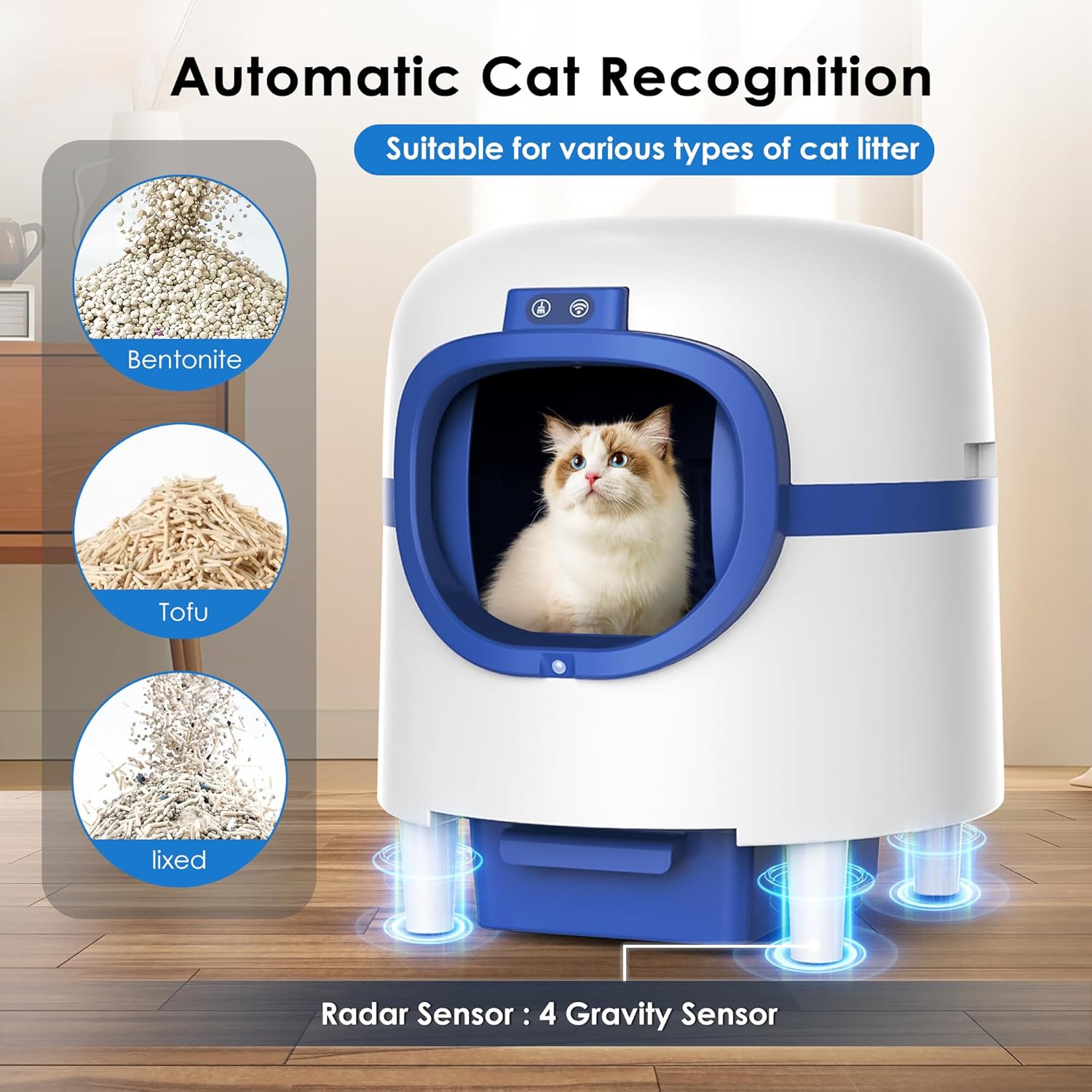 LMVVC Self Cleaning Cat Litter Box, Automatic Cat Litter Box Large Capacity Suitable for Multiple Cats,APP Control/Low Noise/Safety Protection/Odor Removal,2 Rolls Garbage Bags, White & Blue