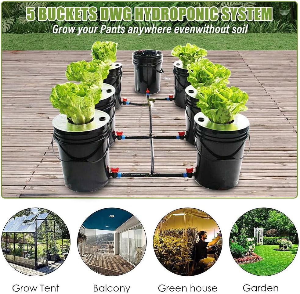 Hydroponic System, Growing System Kit 7 Bucket 5 Gallon Recirculating Deep Water Aquaculture, Hydroponic Growing Kit with Pump, Air Stone and Water Leveling Device for Indoor/Outdoor Leafy Vegetables