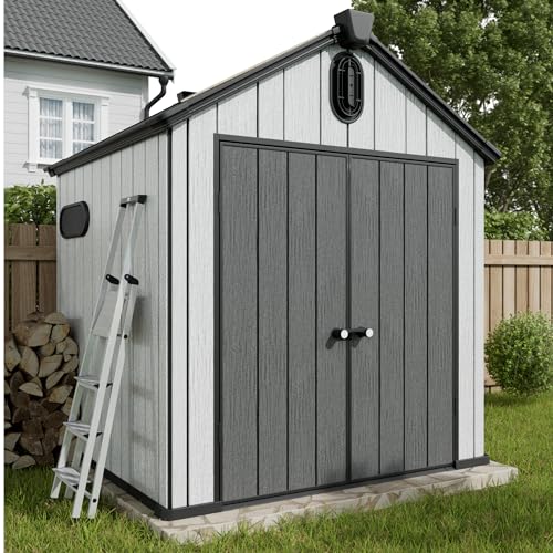 6x6 FT Outdoor Resin Storage Shed, Plastic Shed w/Air Vents & Window for All Weather Resistant, with Floor & Lockable Door, Waterproof for Bike, Garbage Cans, Tools