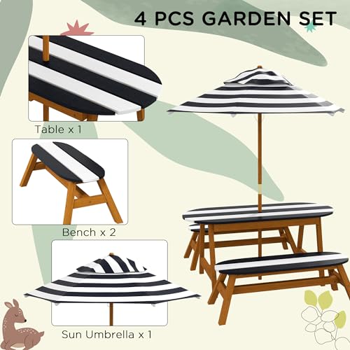 Outsunny Kids Picnic Table Set, Wooden Kids Table and Benches Set with Removable Umbrella, Kids Garden Furniture Set for 2-4 Kids Ages 3-8 Years Old, for Patio, Backyard, Outdoor Indoor Use