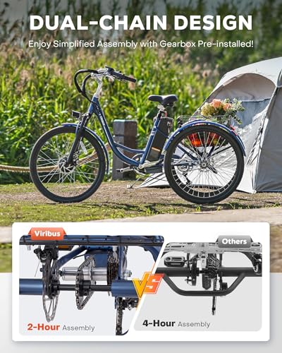 Viribus Electric Trike for Adults, 7 Speed Electric Tricycle for Adults with 48V 13Ah Battery, Front Suspension, 350W Motor, 3 Wheel Electric Bikes for Adults 24 26 inch Dual Chain, E Trike, Etrike