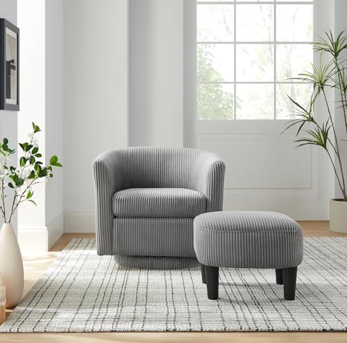 Swivel Accent Chair with Ottoman, Comfy Corduroy Barrel Chair, 360°Swivel Round Arm Chair, Reading Armchair with Footstool Set, Modern Club Sofa Chair for Bedroom, Living Room, Lounge, Office, Grey