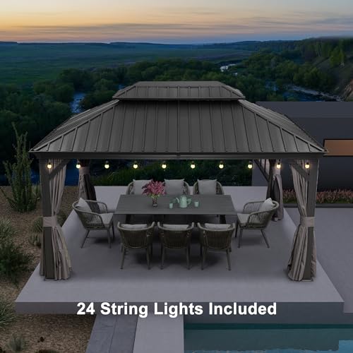 PURPLE LEAF 10' X 14' Permanent Hardtop Gazebo Aluminum Gazebo with Galvanized Steel Double Roof for Patio Lawn and Garden, Curtains and Netting Included, Grey