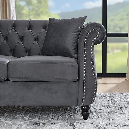 80" Grey Velvet Chesterfield Sofa for Living Room,2 Pcs 3 Seater Sofa Button Tufted Nailhead Trimming Curved Backrest Rolled Arms with Silver Metal Legs with 4 Pillows