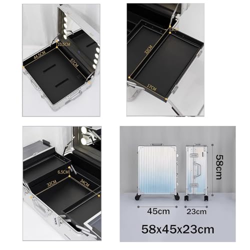 Rolling Makeup Train Case With Lighted Mirror, Make Up Cosmetic Orgainzer Box Travel Case, Professional Aluminum Trolley Salon Staion (Silver Stripe)