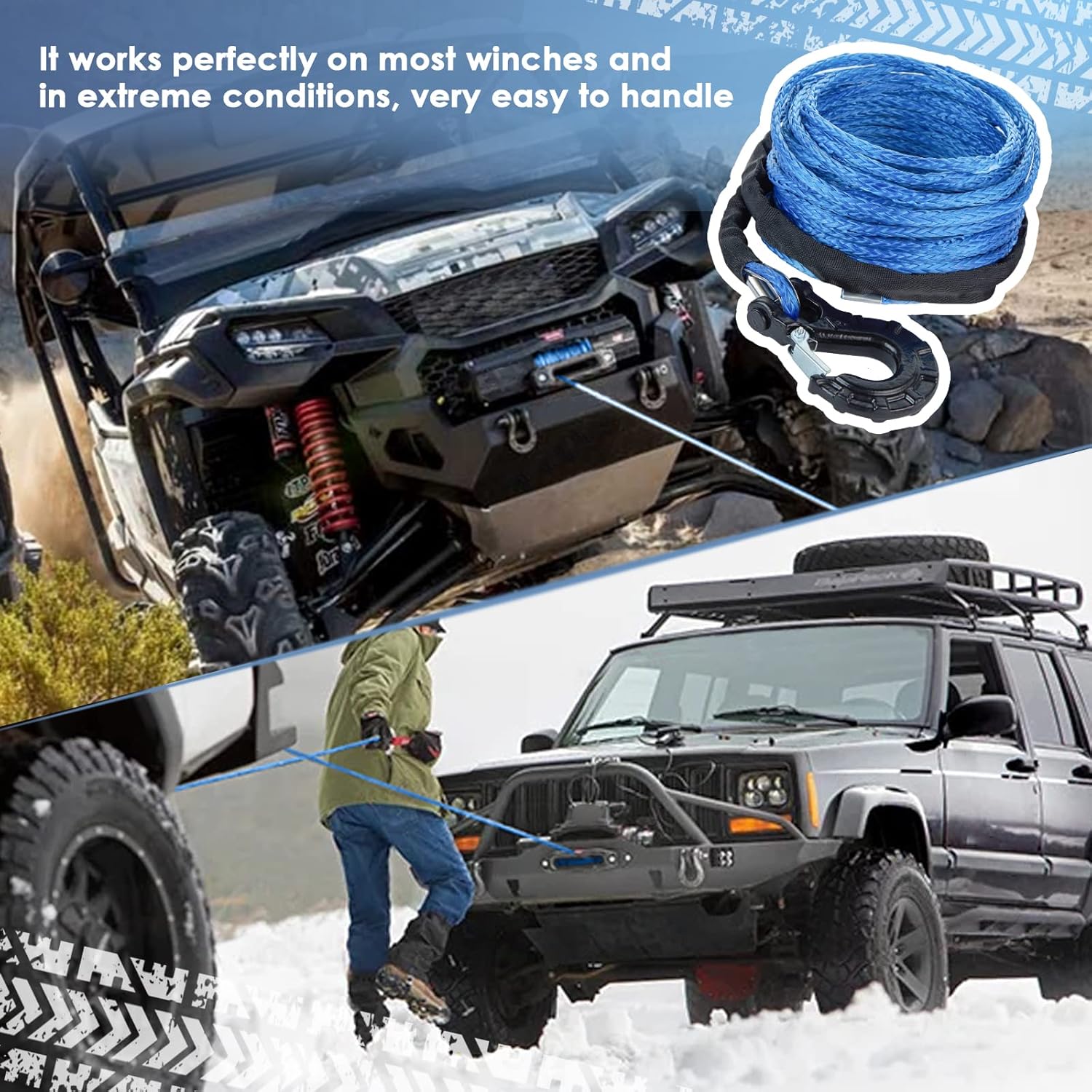 Synthetic Winch Rope 17/64'' x 50', 10000LBS 12 Strands Synthetic Winch Line Cable Rope with Protective Sleeve Winch Hook for Off Road Vehicle ATV UTV SUV Truck Boat Ramsey Pack of 2