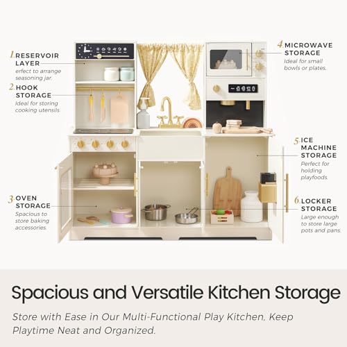 Tiny Land Play Kitchen for Kids, Toy Kitchen Set with Plenty of Play Features, New Modern Kids Wooden Play Kitchen Designed in Trendy Home Style with Curtains, Gift for Ages 3+