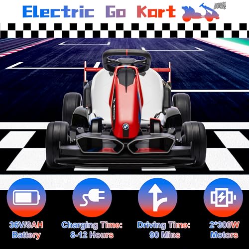 Licensed BMW Electric Go Kart for Kids Ages 6-12, 24V 9AH Drift Kart with Two 200W Motors, LED Lights, Drift Mode& 2 Speed Modes, Adjustable Seat (White)