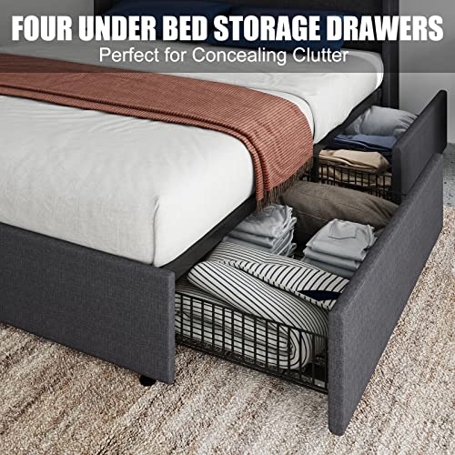 Queen LED Bed Frame with Wingback Headboard, Upholstered Platform Bed with 4 Storage Drawers & Charging Station, App/Remote Control, Box Spring Optional, Dark Grey…