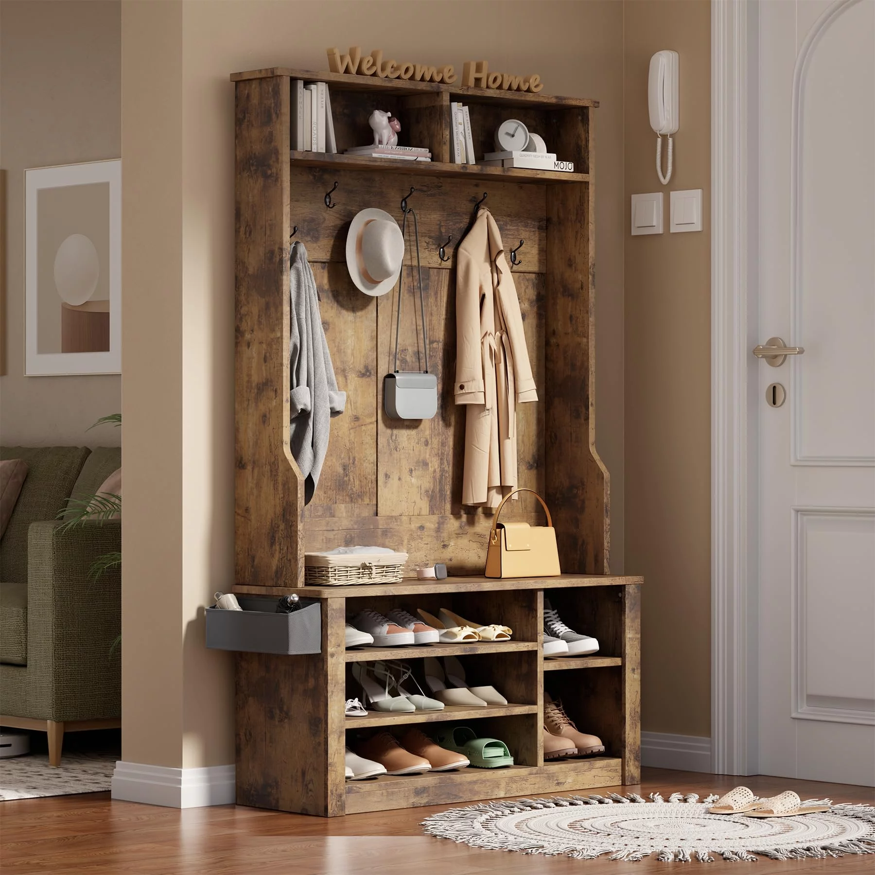Lofka 5-in-1 Hall Tree with Bench and Shoe Storage, Entryway Hall Tree with Coat Rack, Adjustable Shoe Storage, 2-tier top storage, Rustic Brown