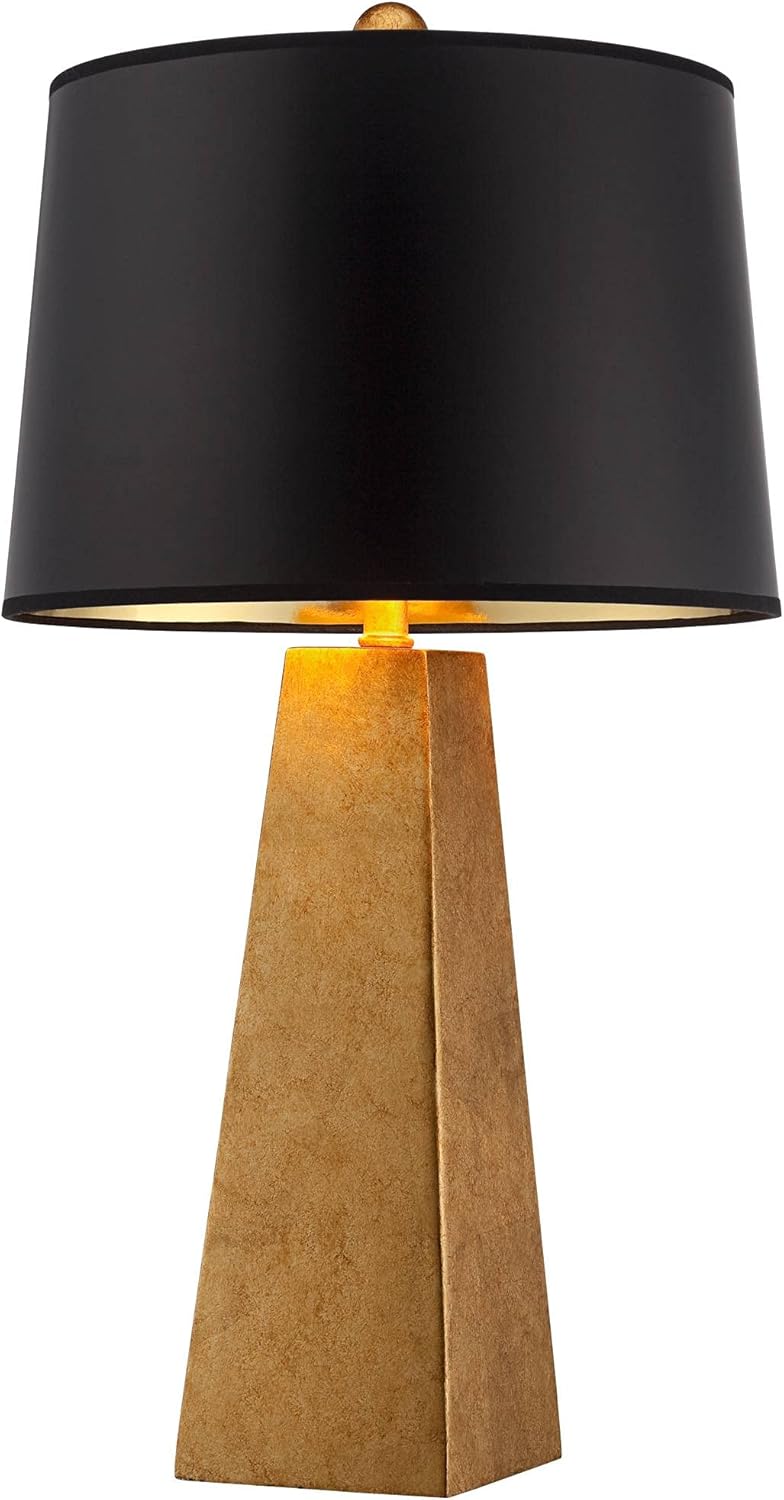 Possini Euro Design Obelisk Modern Table Lamp 26" High with Square Black Marble Riser Gold Leaf Tapered Paper Drum Shade for Bedroom Living Room Nightstand Bedside Night Stand Office Kids Room