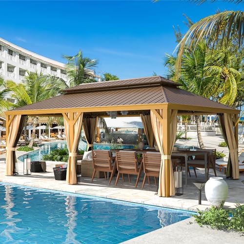 EROMMY 14'x20' Hardtop Gazebo Double Roof Galvanized Steel Canopy Outdoor Aluminum Frame Permanent Metal Pavilion with Netting and Curtains for Patio Backyard Deck and Lawns