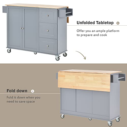 Kitchen Island on Wheels with Storage 52.7" W Rolling Kitchen Island Cart with Cabinet Drop Leaf Breakfast Bar, Solid Wood Top, 3 Drawers, Lockable Wheels, Spice Rack and Towel Rack, Black