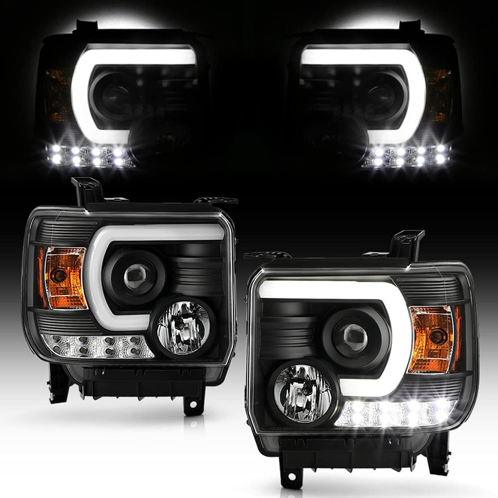 ACANII - For 2014-2015 GMC Sierra 1500 2500HD 3500HD Pickup Truck LED DRL Tube Black Projector Headlights Headlamps