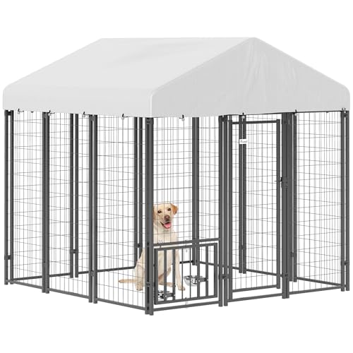PawHut 4.6' x 4.6' x 5' Dog Kennel Outside, Welded Wire Outdoor Dog Kennel Run with Waterproof & UV Resistant Cover, for S&M Breeds, Chickens, Ducks, Black