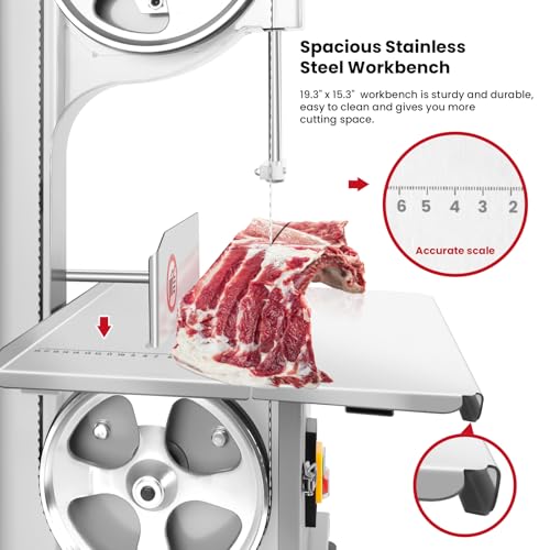1500w Electric Meat Bone Saw, Stainless Steel Tabletop Meat Bandsaw for Butchering, Cutting Thickness 0.8-7.1 Inches, Commercial Frozen Meat Cutting Machine with 6 Blades, Workbeach 19.3 "x 15.35"