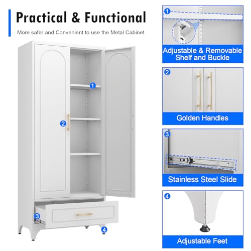 Metal Storage Cabinet with Doors and Shelves, 71 Inch Tall Kitchen Pantry Cabinet, Pantry Cabinets for Kitchen Storage, Freestanding Cupboard for Living, Dining Room, White, Assembly Required