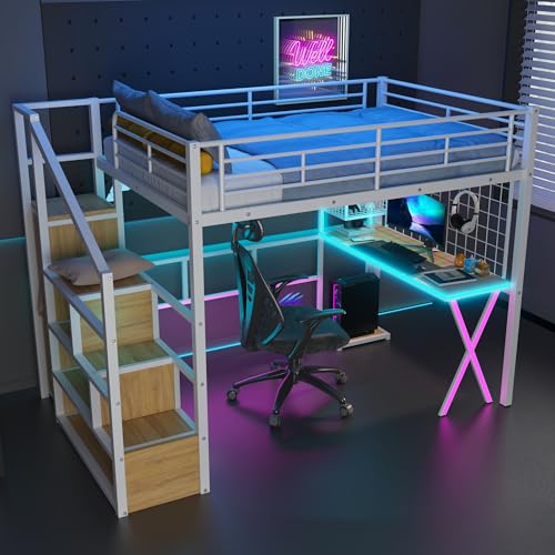 Full Size Loft Bed with Desk and Stairs,Metal Gaming Loft Bed Full with Wardrobe and Shelf, High Loft Bed with LED & USB Charging Station for Teens, Adults, Space Saving Design,Black